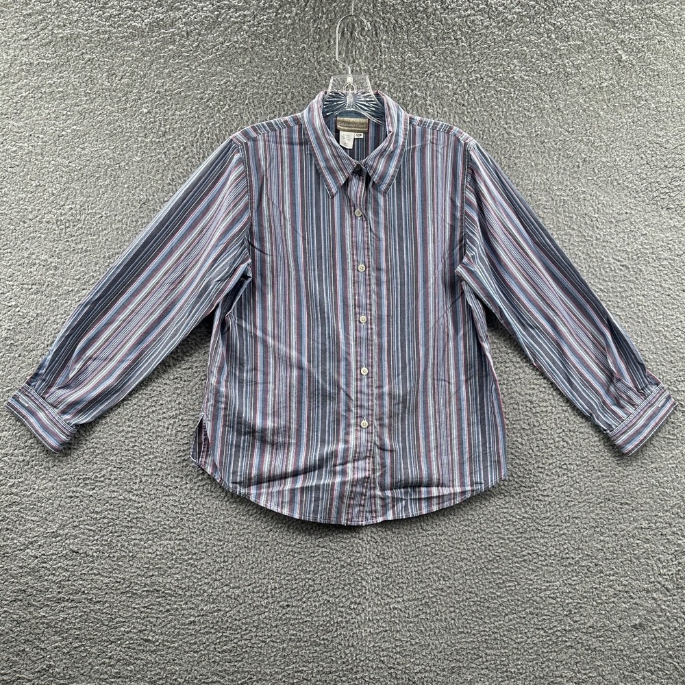 Womens Striped Blouse‎ 10P Petite Blue Work Office Career Button Front Shirt